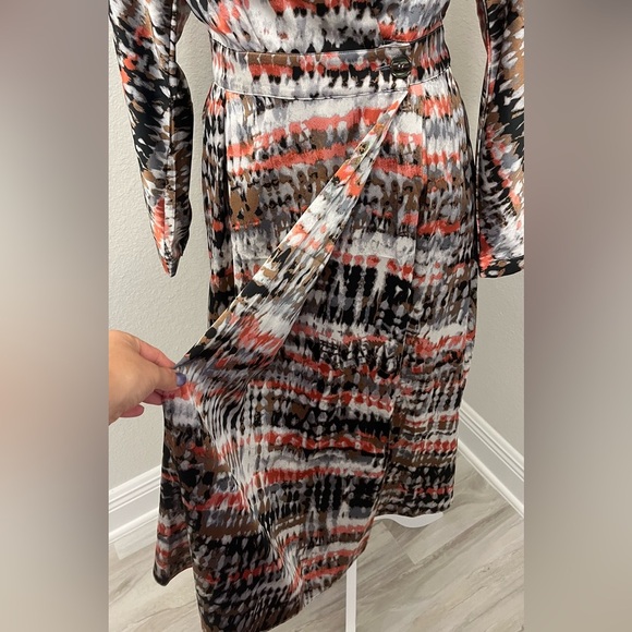 See U Soon Women's A-Line Faux Wrap Midi Dress w/Long Sleeves in Gray & Coral S - Picture 6 of 10